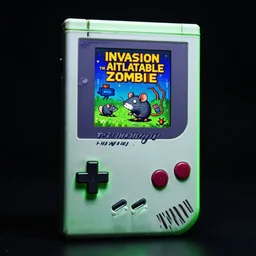 invasion of the radioactive zombie rats retro video game box art in gameboy style, dramatic lighting from below, green rim light, dark background, 4K W- 1024