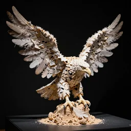 pieces of a ripped flag!!!, chicken feathers and saw dust molten and restructured into a beautiful!!!, abstract!!!!!!! sculpture of an eagle, museum display, black backdrop, high contrast, award winning photo, dslr, high quality