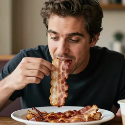 lou perez eating bacon, realistic, high quality photo