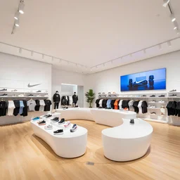 ( ( ( ( ( architectural photography canon ef 1 4 mm f / 2. 8 l ii usm. ) ) ) ) ) flagship nike store. white walls. timber floor. display tables with shoes and clothes. high ceilings with spots. curved white furniture with large digital screens. a few plants in the background award winning!!!!!!!!!!