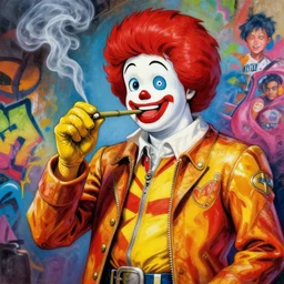 beautiful anime painting of ronald mcdonald knight smoking weed, by noah bradley, patrick woodroffe, posuka demizu, qing han, trending on artstation, 8 k, masterpiece, graffiti paint, fine detail, full of color, intricate detail, golden ratio illustration