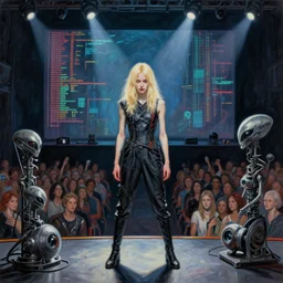 waifish androgynous person with mid length blond hair on stage in front of an audience alien instruments zeiss lens algorithm code masterpiece stage lighting painting by gottfried helnwein high contrast chiroscurro 8 k realistic paint texture