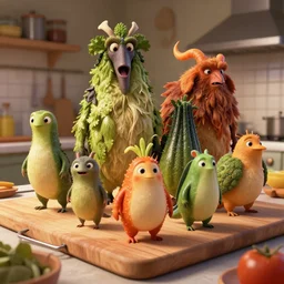 vegetable creatures parade on a cutting board in the kitchen, digital art, realistic, pixar style, highly detailed, cinematic, matte painting, vivid colors, realistic, epic lighting, by greg rutkowski and artgerm and alphonse mucha