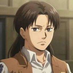 portrait of a man in his late twenties with longish brown hair tied back, widows peak and a round face in the style of attack on titan, digital art