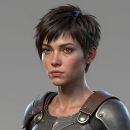 hyper detailed substance painter texture mapped 3 d full body character reference turnaround of a woman with a pixie cut and leather armor, realistically proportioned face, photorealistic eyes, cinematic lighting, good value control, smooth, realistic shading, realistic face details, highly detailed, digital painting, painted texture maps, illustration, substance painter
