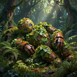 giant sleeping robot, covered by leaves and plants, in a magical forest  with volumetric lighting