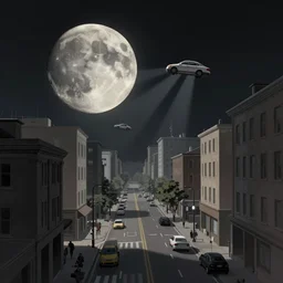 street view of a city on the moon, flying cars casting shadows, matte painting, artstation, Greg Rutkowski, 4k, dramatic