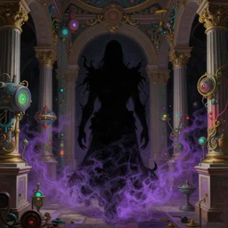 a silhouette of a supernatural being in a baroque neoclassicist halls overgrown with colorful otherworldly technology. close - up view, detailed textures. glowing purple fog, dark black background. highly detailed fantasy science fiction painting by moebius, norman rockwell, frank frazetta, and syd mead. rich colors, high contrast
