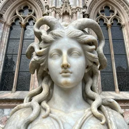 statue of female medusa long hair, marble statue, beautiful delicate face, macro shot head, in the background a gothic marble cathedral, 2 4 mm architectural shot no decaying lines, arabesque glass windows intricate lines, ornate delicate alabaster architecture