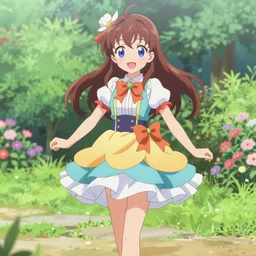 a very cute art of a smiling anime girl idol wearing a colorful dress, walking at the garden, detailed, in the style of anime