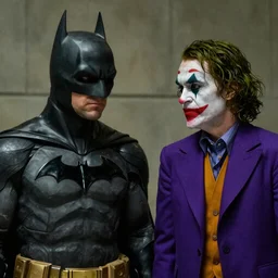 josh brolin as batman vs tom cruise as the joker, movie still, hd blu ray screen, action scene, epic with explosion and rain in background, 8 k, hyper realistic concept photo,