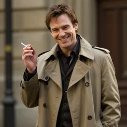 photorealistic photography of paul blackthorne as harry dresden posing as a charismatic smiling thief, with a light brown trench coat and a cigarette, in dresden files movie, full hairs, super detailed, hd