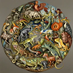 realistic detailed photo rendered in octane 3d , a kaleidoscope of reptiles, mammals, birds, and amphibians could represent the internal unity of all beings, late 80's, by Francis Bacon , by H.R. Giger, by Ayami Kojima, Amano, Karol Bak, Greg Hildebrandt, and Mark Brooks, Beksinski painting, art by Takato Yamamoto