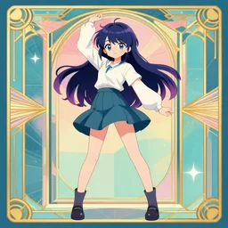 ( ( dither ) ), editorial illustration of a cute anime girl posing, dynamic pose, modern art deco, colorful, ( ( mads berg ) ), christopher balaskas, victo ngai, rich grainy texture, detailed, dynamic composition, wide angle, moebius, volumetric, kyoani, yoshinari yoh
