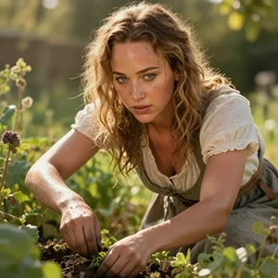 romanticism painting of ( ( ( jennifer lawrence ) ) ) sweaty, tending to the garden, symmetrical face, beautiful eyes, cottagecore, artstation, 8 k, highly detailed, warm natural lighting, sunlight