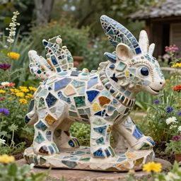 mosaic sculpture of a alebrije chimera!!!, irregularly shaped mosaic tiles, hand glazed pottery shards, in a cottagecore flower garden