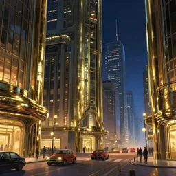 Main street in an epic art deco city at night, anime, streamline moderne, dieselpunk, shiny brass, cinematic, a sci-fi digital painting by Greg Rutkowski and James Gurney, trending on Artstation, highly detailed