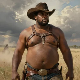 a beautiful dramatic epic painting of a thicc overweight shirtless handsome black man | he is wearing a leather harness and cowboy hat | prairie setting, dust clouds | homoerotic, highly detailed, dramatic lighting | by Mark Maggiori, by William Herbert Dunton, by Charles Marion Russell | trending on artstation