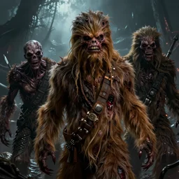 scary star wars horrific zombie chewbacca and wookies with mange on the planet kashyyyk, dark fantasy, body horror, sores and scars, undead. highly detailed, biopunk, digital painting, by greg rutkowski, artgerm and alphonse mucha