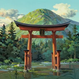 Japanese Torii in a colorful moutain with trees ,morning , by studio ghibli painting, superior quality, masterpiece, by Grzegorz Rutkowski, concept art