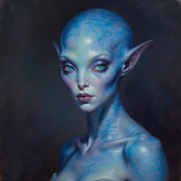 a beautiful alien woman with sapphire skin, painted by artgerm and tom bagshaw, fantasy art, dramatic lighting, highly detailed oil painting