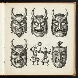 scan of book encyclopedia with intricate geometrical and patterned ink drawings of tyrolean folklore masks, krampus, folklore, dance, dolomites, scary dark, dark ink, old paper