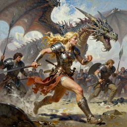 A mixed media painting of a beautiful blonde viking woman sprinting into battle, armor, by Frank Frazetta, Greg Rutkowski, Boris Vallejo, Neal Hanson, Christian MacNevin, epic fantasy character art, goddess of war, high fantasy, Exquisite detail, post-processing, low angle, masterpiece, cinematic, colossal dragon in background