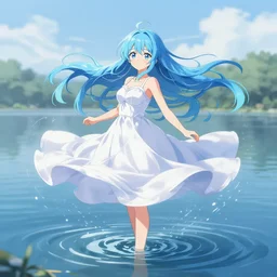 advanced digital anime art, girl with long sky blue hair wearing a white dress swirling while standing in the middle of a lake twirling the water around her. —W 2048 —H 1080