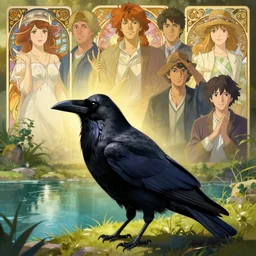 highly detailed portrait of a raven near a pond, stephen bliss, unreal engine, fantasy art by greg rutkowski, loish, rhads, ferdinand knab, makoto shinkai and lois van baarle, ilya kuvshinov, rossdraws, tom bagshaw, alphonse mucha, global illumination, radiant light, detailed and intricate environment