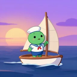 friendly alien sailor in sailboat on vast open sea cartoon soft purple sunset hopeful hd digital