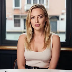 a portrait of margot robbie sitting in a cafe in venice, window overlooking beautiful venice canals, hyper detailed, sharp focus, 8 k resolution, realistic face
