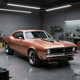 classic muscle car with copper paint, in a workshop, concept art style by pablo carpio. global illumination ray tracing render in vray. full view.