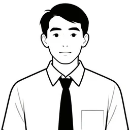 simple line drawing close - up of a nerd wearing a white buttonup and a tie, b & w, white background, album cover
