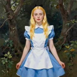 a striking hyper real painting of Elle Fanning in Alice in Wonderland