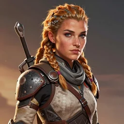portrait of Aloy from Horizon: Zero Dawn, digital art, highly detailed, comic book illustration, by John Kirby