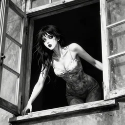 Woman floating outside of apartment window, black and white, junji ito style, creepy, horror,