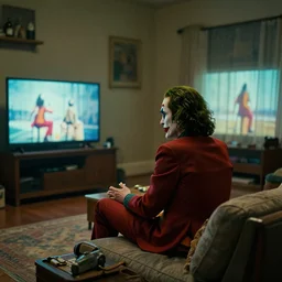 cinematic shot of the joker watching tv in a bedroom, 8 k, intricate,