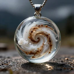 white and brown bird poop swirled into a clear round glass necklace pendant, detailed