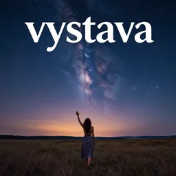 album cover, with text vystava, a beautiful landscape of a starry sky with an beautiful woman waving to the horizon, cinematic, dramatic, color grading, photojournalism, colorful, highly detailed