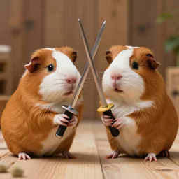 anthropomorphic guinea pigs sword fighting, photograph