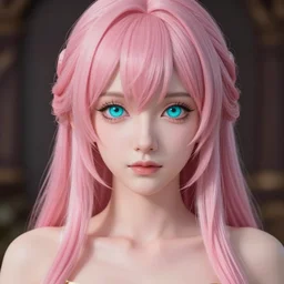 stunningly beautiful omnipotent anime goddess with smooth porcelain skin, pink hair and mesmerizing cyan eyes, symmetrical perfect face, mid view, unreal engine 5, 8 k