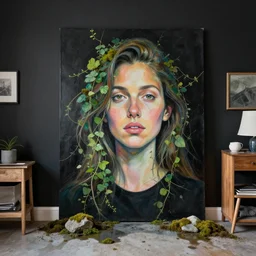 portrait an artist in her apartment, wrapped in vines, black walls, puddles, moss, stone, acrylic on canvas