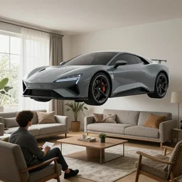 motiondesigner made in normandy didcovering a giant virtual car in livingroom, otaku, octane render
