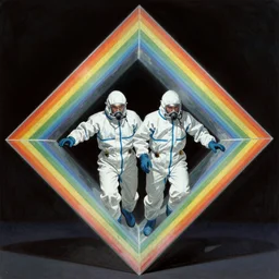 portrait of two scientists in a foil hazmat suit entering the rainbow geometric prism dimensional gateway by frank frazetta