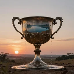 a surreal landscape at sunset with a immense gigantic ornated iron chalice cup with a lake inside, water in excess droping by thomas cole