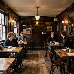 interior of a cosy pub in england, tables, wooden floor, victorian style, jeremy lipking, joseph todorovitch, craig mullins