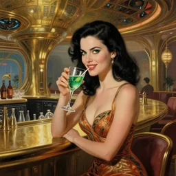 beautiful woman with black hair and green eyes, smirking. she is wearing a cocktail dress. she is in the bar of the atlantis paradise drinking absinthe, a retro futuristic spaceship made of brass, art deco influence, hotel style design. well composed painting by artgerm and greg rutkowski.