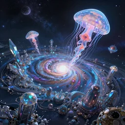 epic wide angle view of the core of the universe, vast circular fractal landscape, cristalline structures in the sky, giant bioluminescent jelly fishes levitating, by marc simonetti and pascal campion, studio ghibli vibe, dynamic lighting, glow, trending artstation, octane rendering, unreal 5, realistic, high definition, digital art, hdri