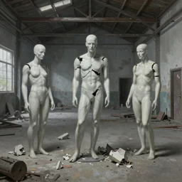 A horrific painting of sinister broken mannequins in an abandoned warehouse. Backroom liminal spaces. Queue. Door. by Tom Bagshaw, Dan Mumford, Dariusz Zawadzki, Todd McFarlane, and Erik Johansson