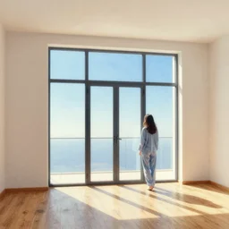 person in pyjamas standing near window, sun rays, daylight, big french door window, 2 4 mm, wooden floor, modern, blue sky, photorealistic, high ceiling, watercolor painting